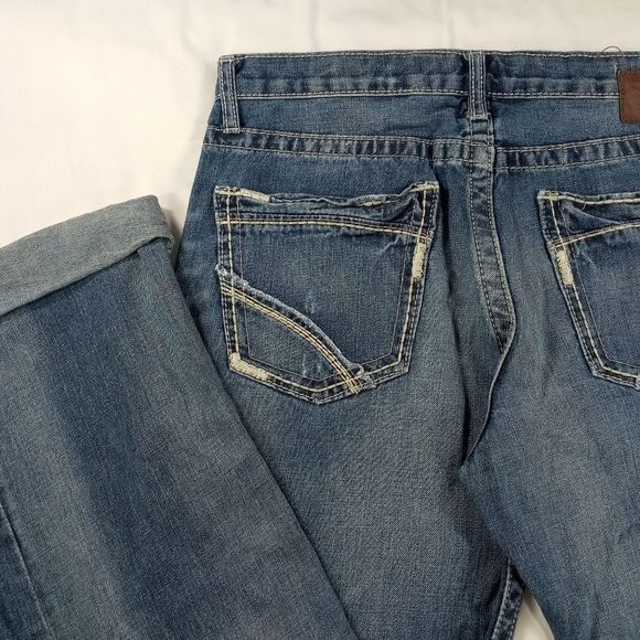 BKE Denim Tyler straight leg men's 33L cuffed 5 pocket distressed whiskered - Picture 9 of 11